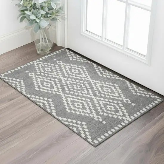 Gray And Ivory Geometric Washable Area Rug With UV Protection Photo 1