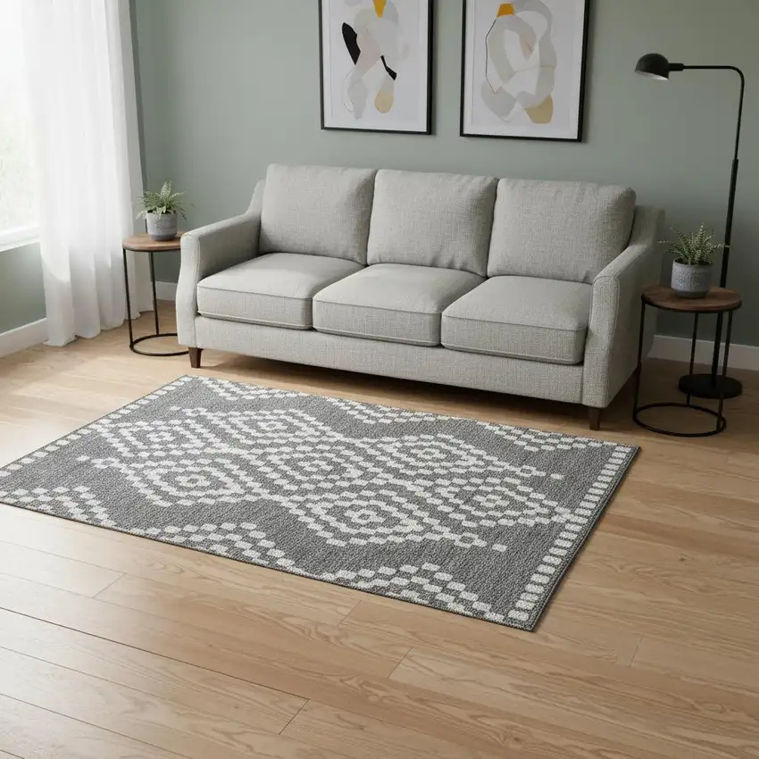 Gray And Ivory Geometric Washable Area Rug With UV Protection Photo 2