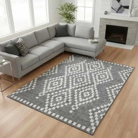 Gray And Ivory Geometric Washable Area Rug With UV Protection Photo 2
