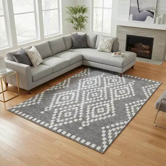 Gray And Ivory Geometric Washable Area Rug With UV Protection Photo 2