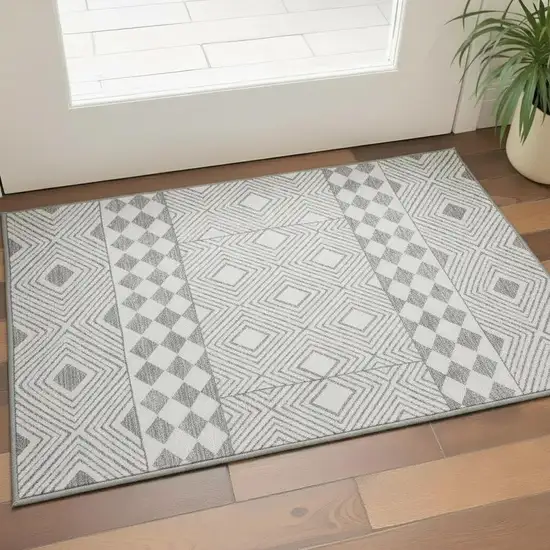 Gray And Ivory Geometric Washable Area Rug With UV Protection Photo 2