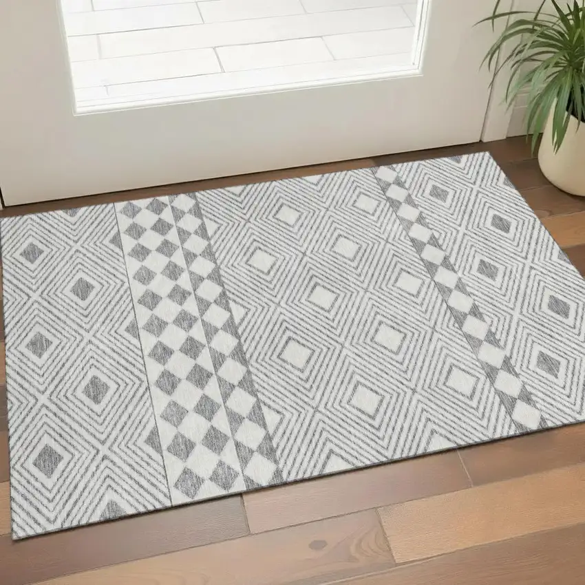 Gray And Ivory Geometric Washable Area Rug With UV Protection Photo 1