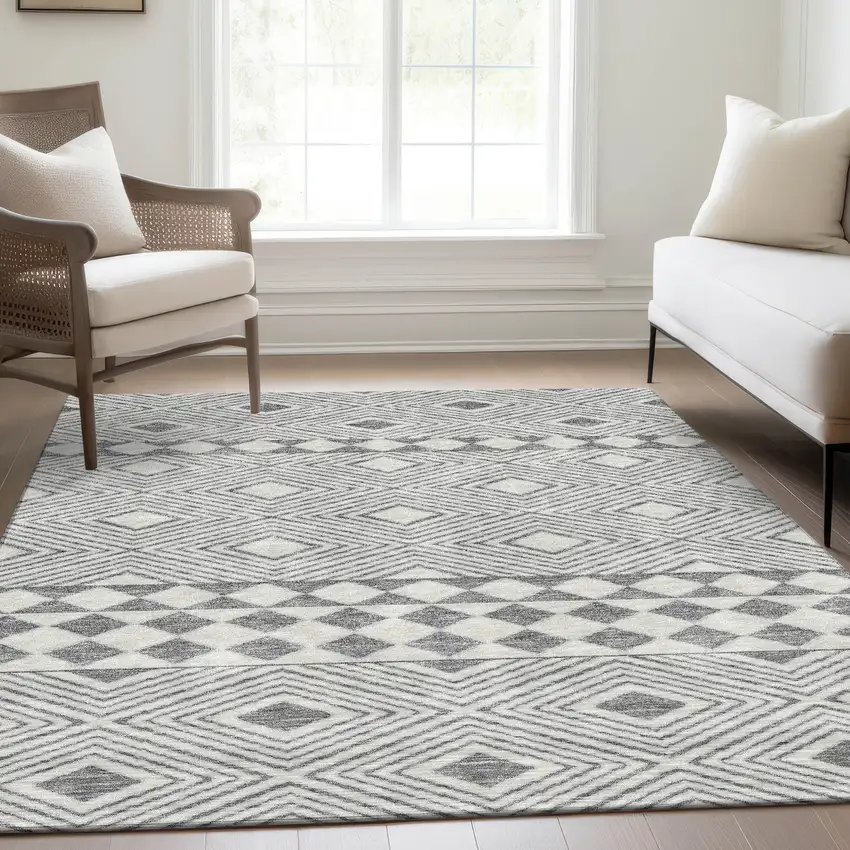 Gray And Ivory Geometric Washable Area Rug With UV Protection Photo 6