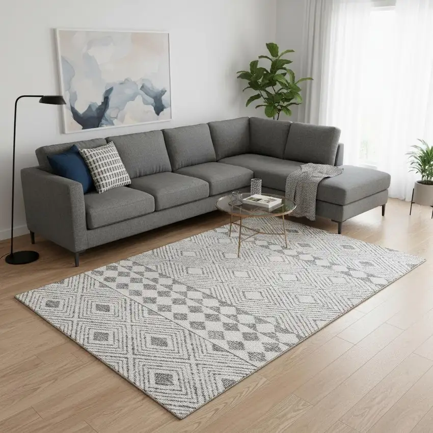 Gray And Ivory Geometric Washable Area Rug With UV Protection Photo 2