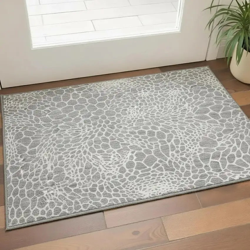 Gray And Ivory Geometric Washable Area Rug With UV Protection Photo 2