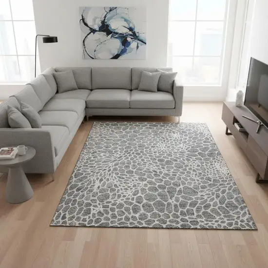 Gray And Ivory Geometric Washable Area Rug With UV Protection Photo 2