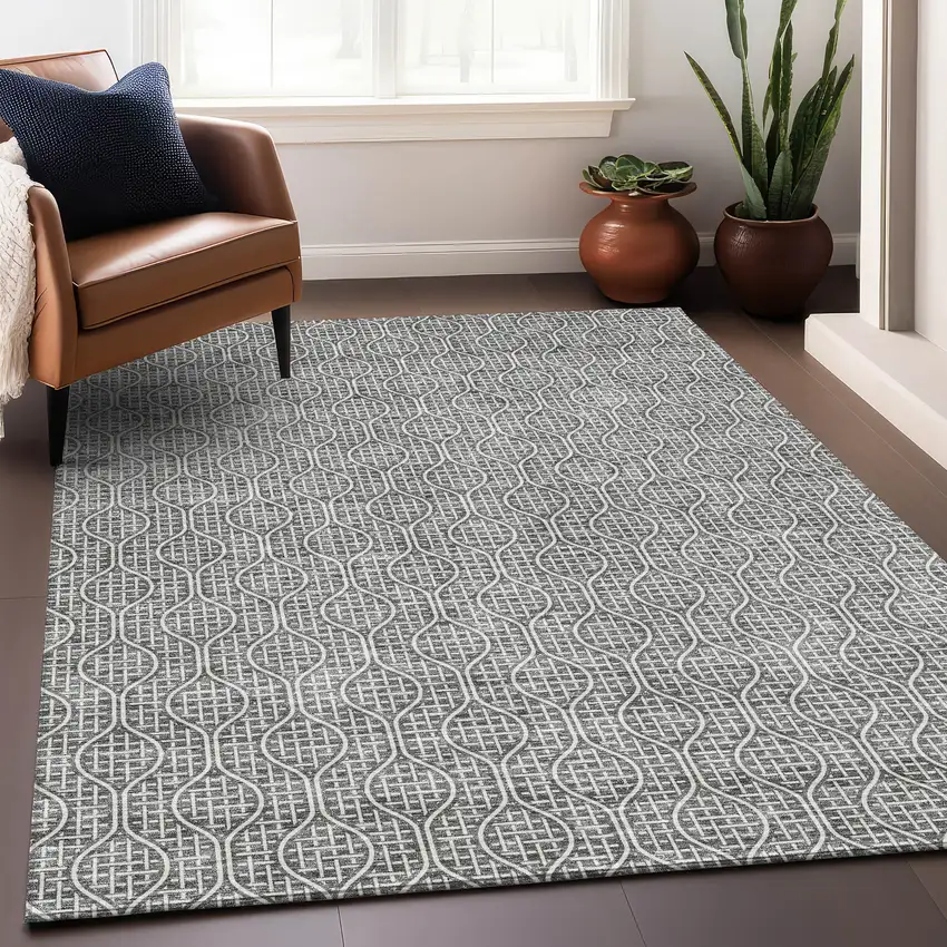Gray And Ivory Geometric Washable Area Rug With UV Protection Photo 3