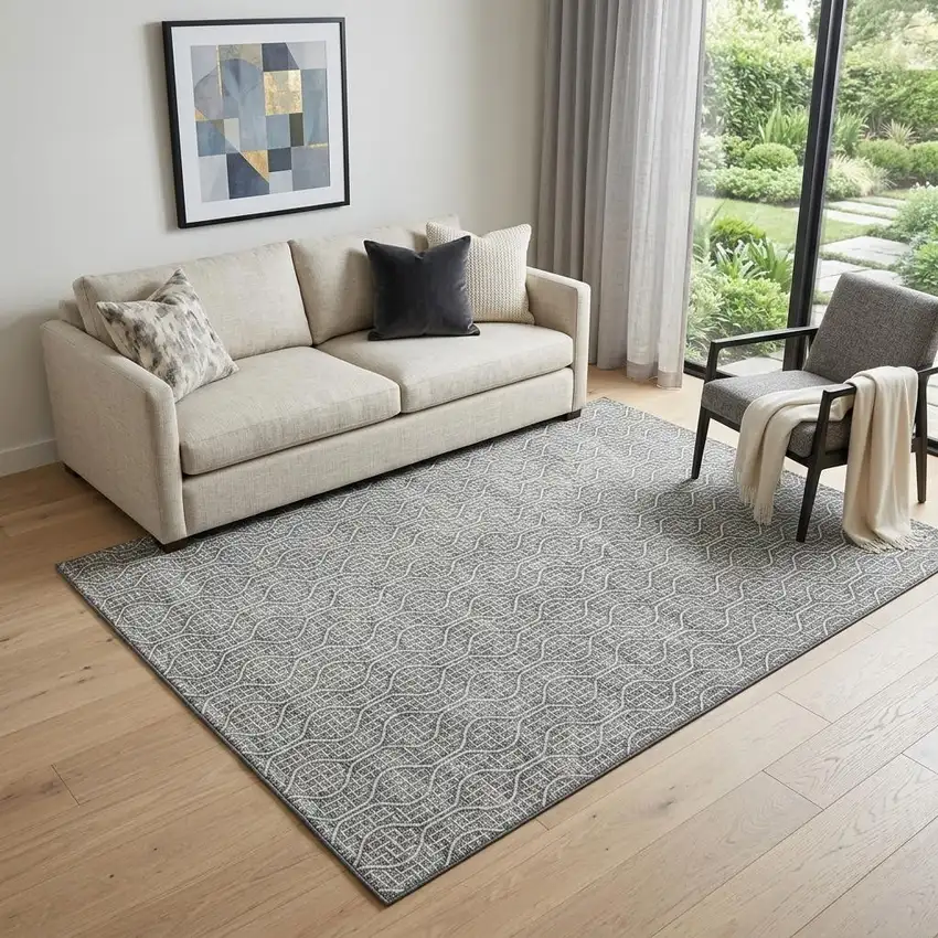 Gray And Ivory Geometric Washable Area Rug With UV Protection Photo 1