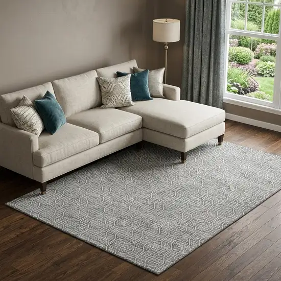 Gray And Ivory Geometric Washable Area Rug With UV Protection Photo 1
