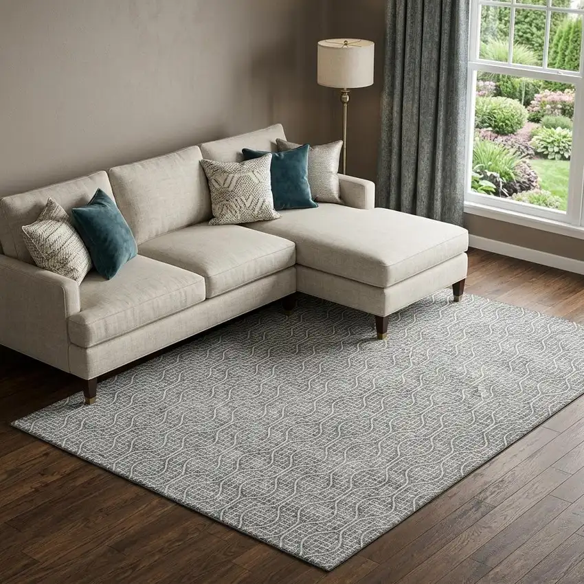 Gray And Ivory Geometric Washable Area Rug With UV Protection Photo 1