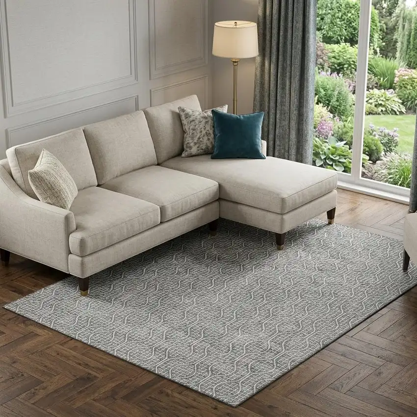 Gray And Ivory Geometric Washable Area Rug With UV Protection Photo 1