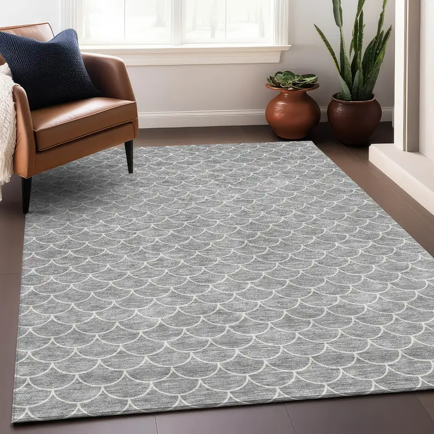 Gray And Ivory Geometric Washable Area Rug With UV Protection Photo 3