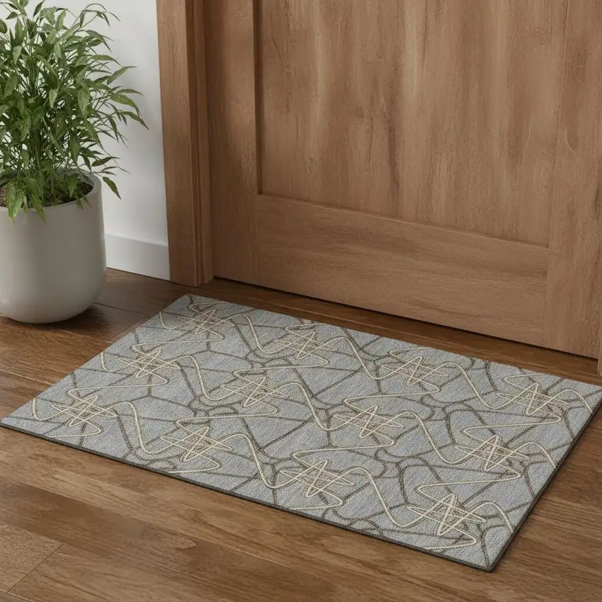 Gray And Ivory Geometric Washable Area Rug With UV Protection Photo 1
