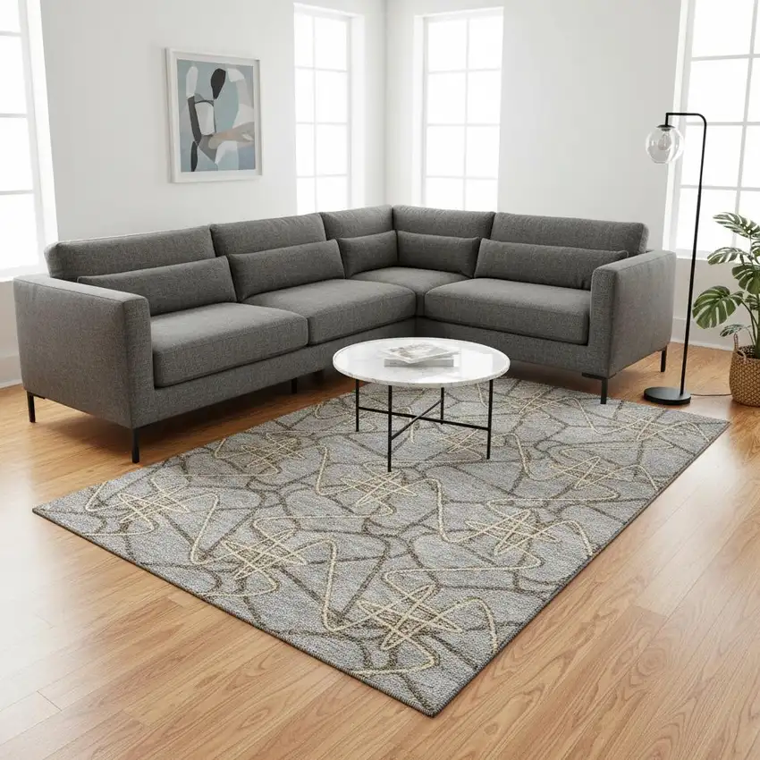 Gray And Ivory Geometric Washable Area Rug With UV Protection Photo 2