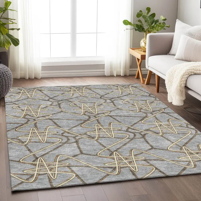 Gray And Ivory Geometric Washable Area Rug With UV Protection Photo 4