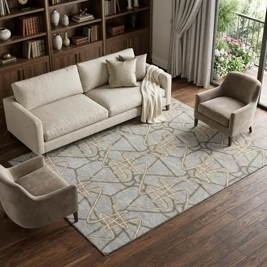 Gray And Ivory Geometric Washable Area Rug With UV Protection Photo 1