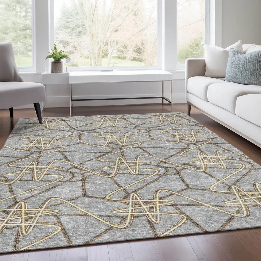 Gray And Ivory Geometric Washable Area Rug With UV Protection Photo 5