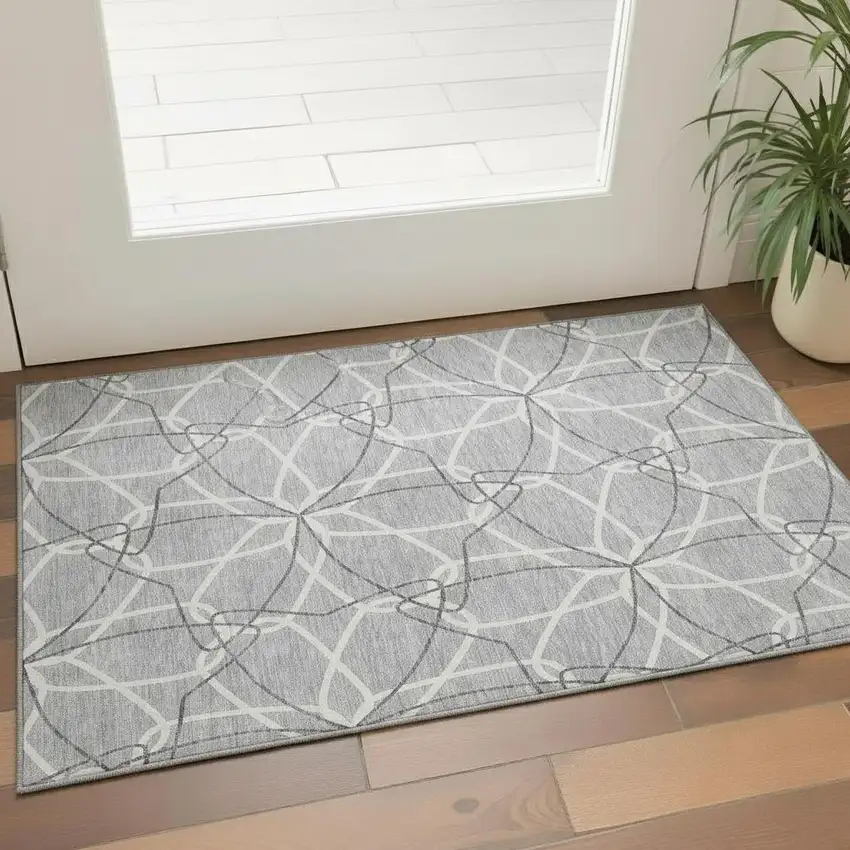 Gray And Ivory Geometric Washable Area Rug With UV Protection Photo 2