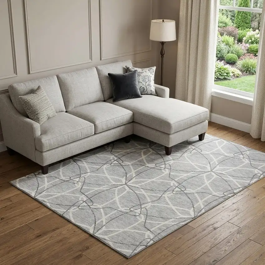 Gray And Ivory Geometric Washable Area Rug With UV Protection Photo 1