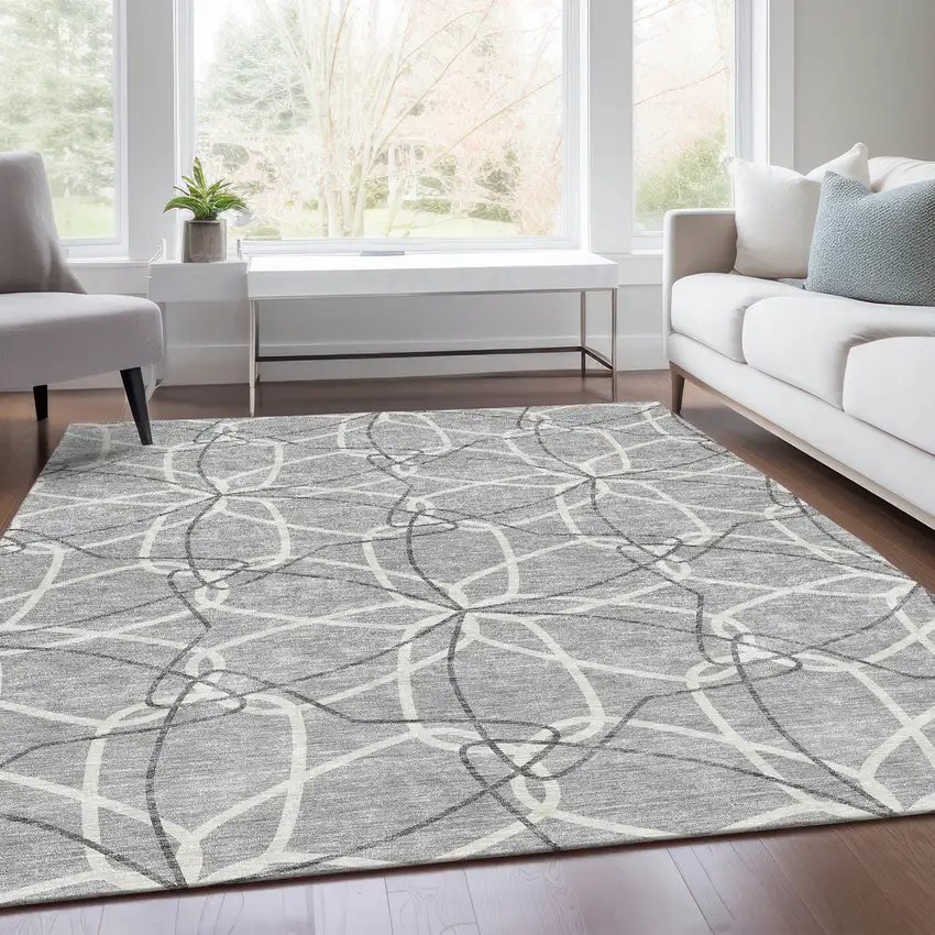 Gray And Ivory Geometric Washable Area Rug With UV Protection Photo 5