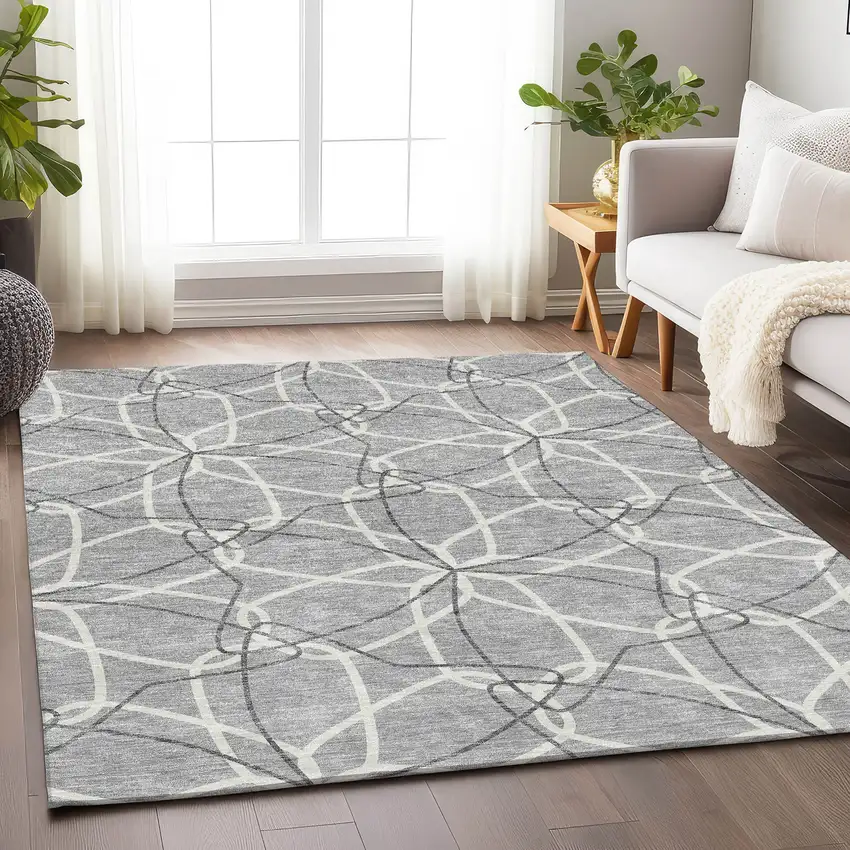 Gray And Ivory Geometric Washable Area Rug With UV Protection Photo 4