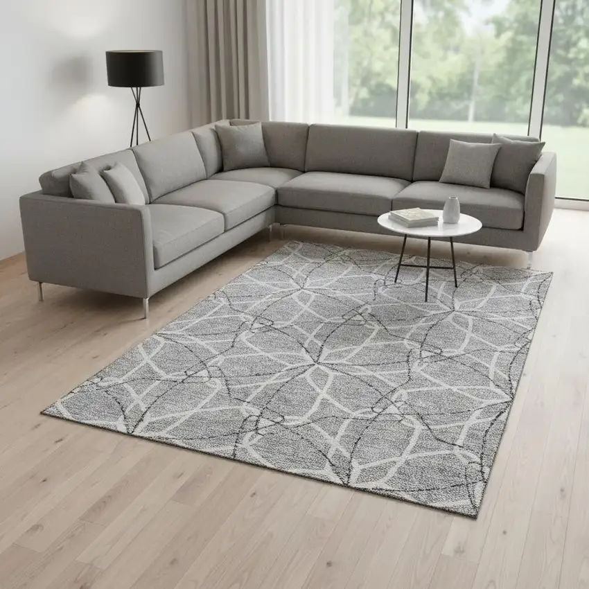 Gray And Ivory Geometric Washable Area Rug With UV Protection Photo 2
