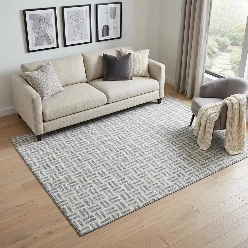 Gray And Ivory Geometric Washable Area Rug With UV Protection Photo 1
