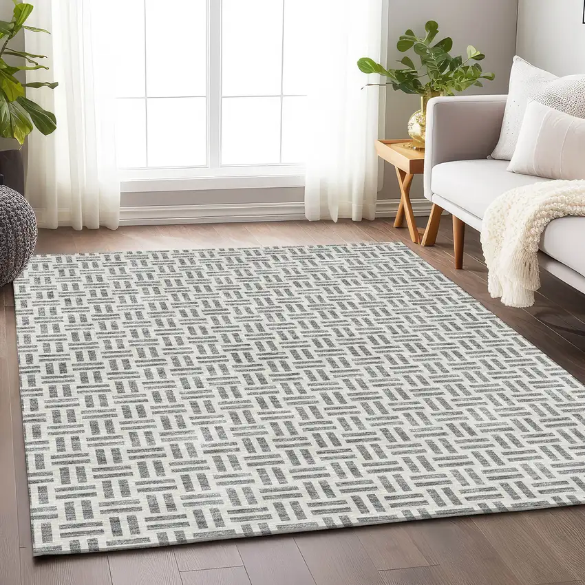 Gray And Ivory Geometric Washable Area Rug With UV Protection Photo 2