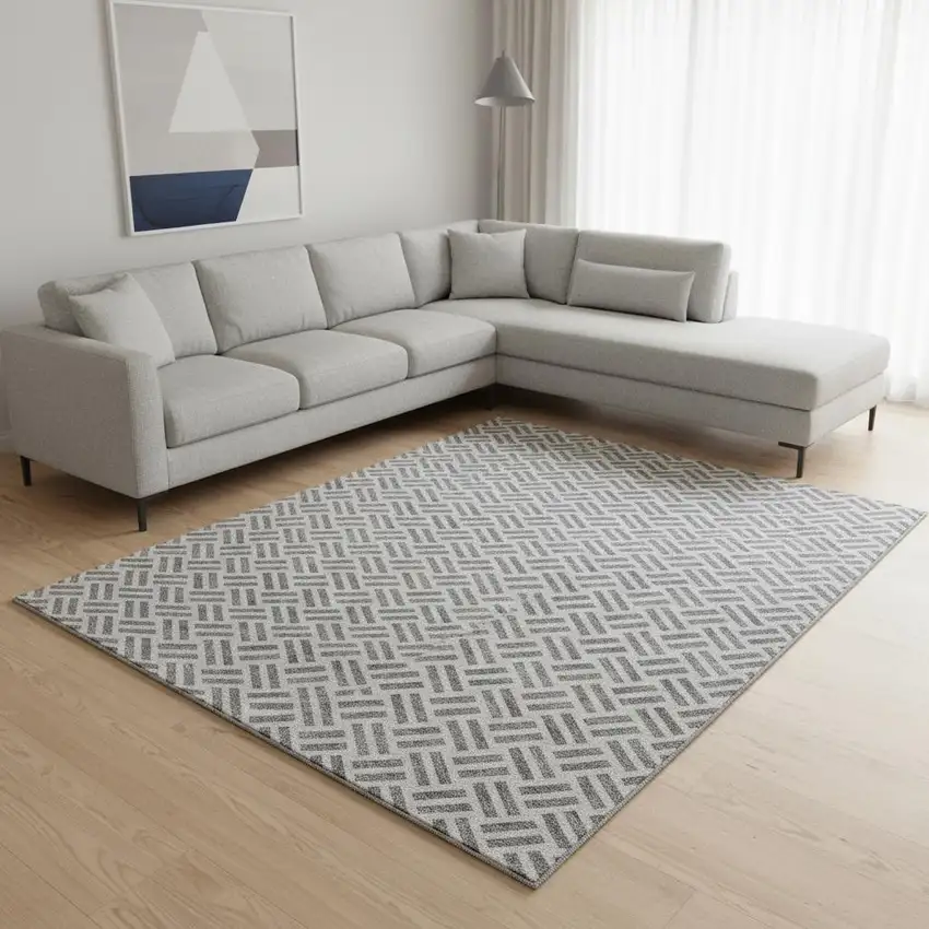 Gray And Ivory Geometric Washable Area Rug With UV Protection Photo 2
