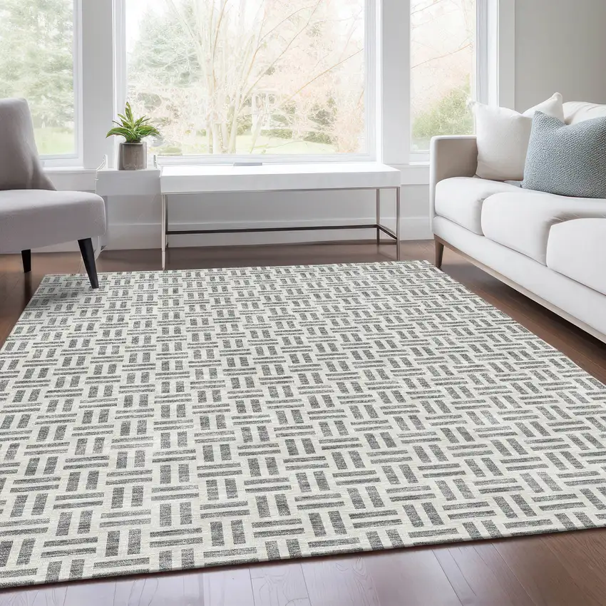 Gray And Ivory Geometric Washable Area Rug With UV Protection Photo 4