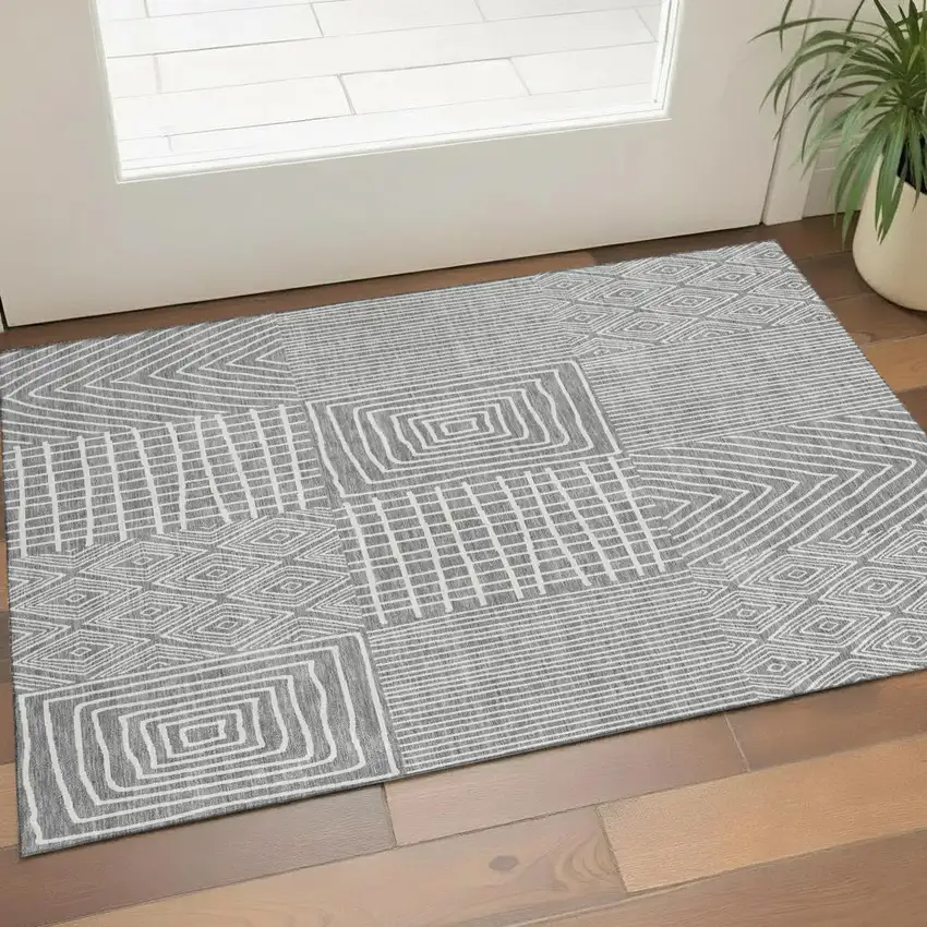 Gray And Ivory Geometric Washable Area Rug With UV Protection Photo 1
