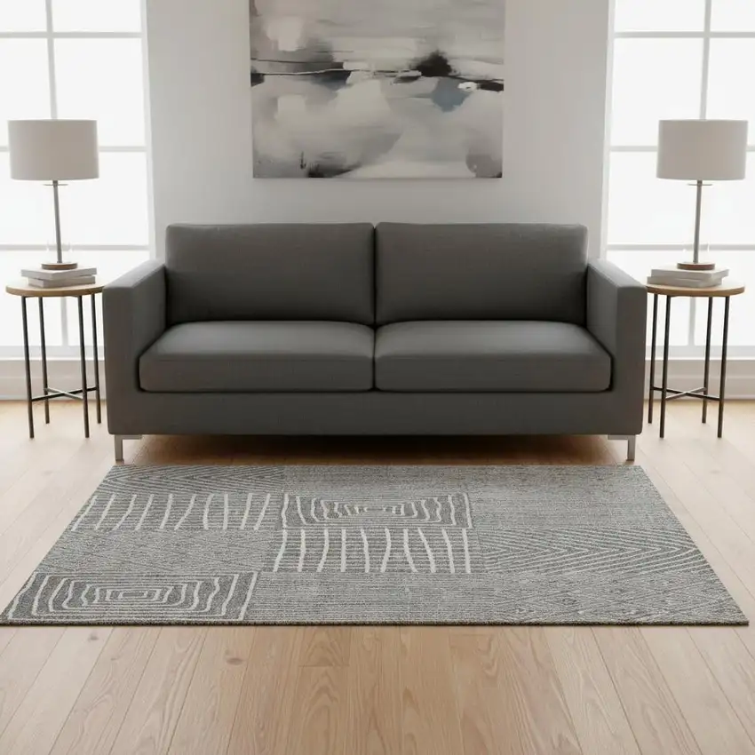 Gray And Ivory Geometric Washable Area Rug With UV Protection Photo 2