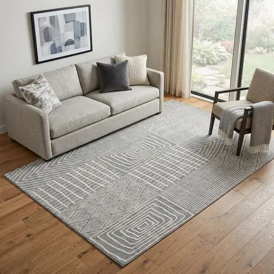 Gray And Ivory Geometric Washable Area Rug With UV Protection Photo 1
