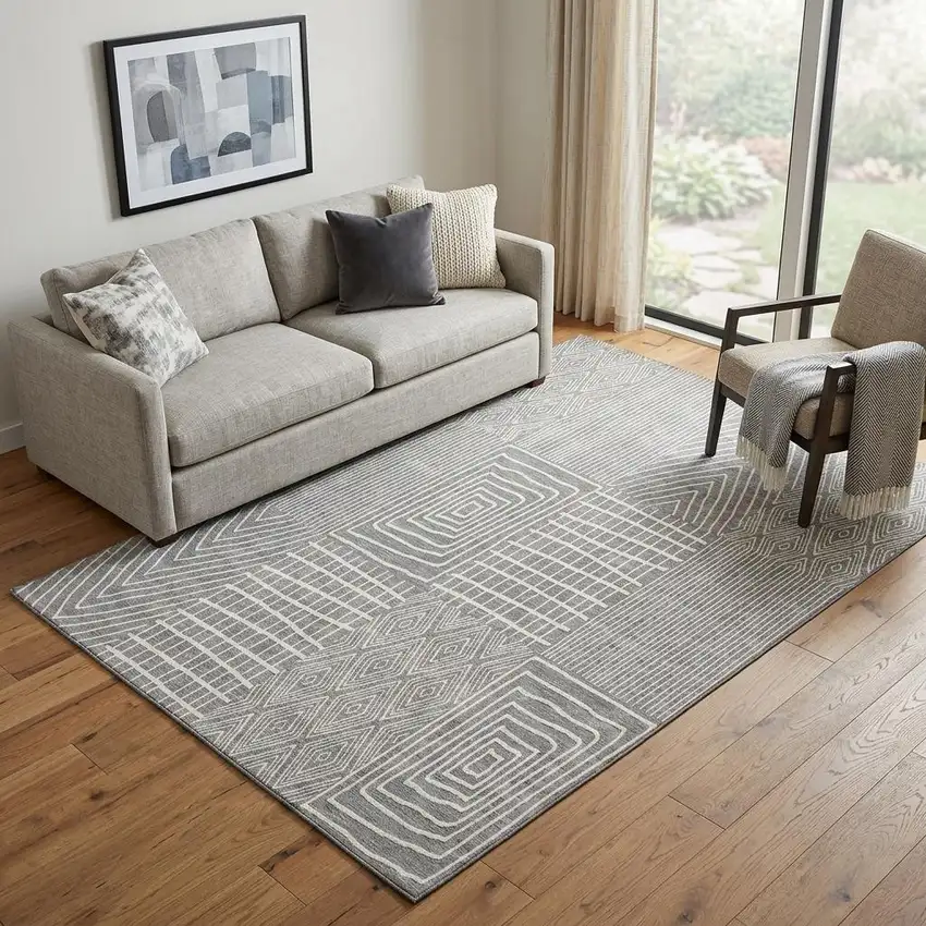 Gray And Ivory Geometric Washable Area Rug With UV Protection Photo 1