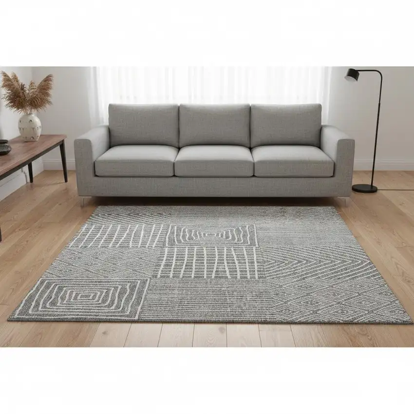 Gray And Ivory Geometric Washable Area Rug With UV Protection Photo 2