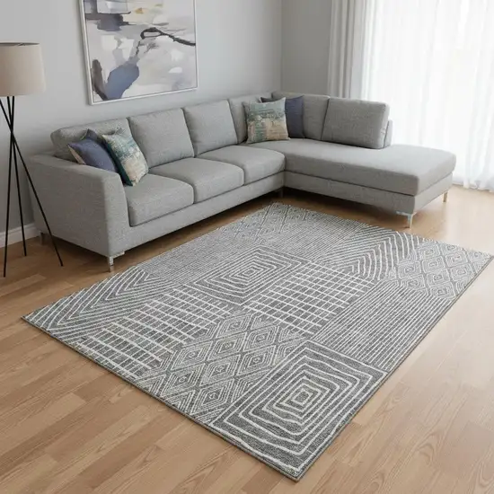 Gray And Ivory Geometric Washable Area Rug With UV Protection Photo 2