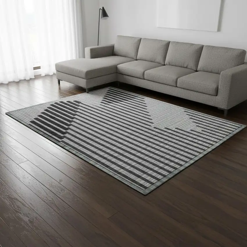 Gray And Ivory Geometric Washable Area Rug With UV Protection Photo 2