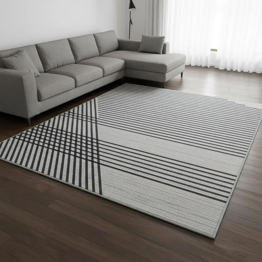 Gray And Ivory Geometric Washable Area Rug With UV Protection Photo 2