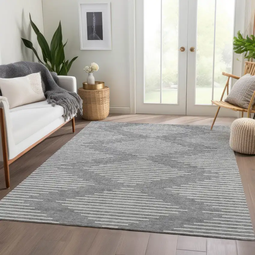 Gray And Ivory Geometric Washable Area Rug With UV Protection Photo 5