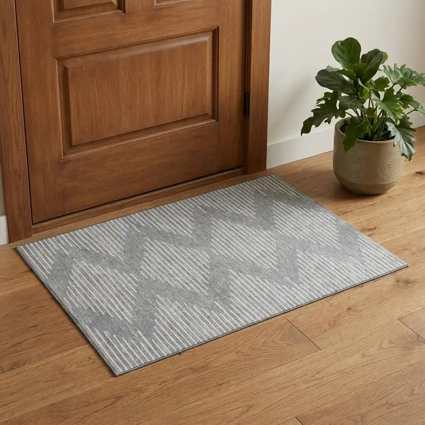 Gray And Ivory Geometric Washable Area Rug With UV Protection Photo 1