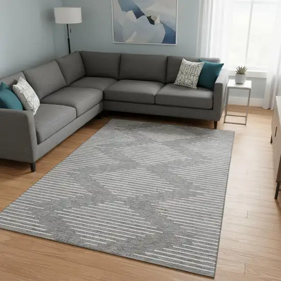 Gray And Ivory Geometric Washable Area Rug With UV Protection Photo 2