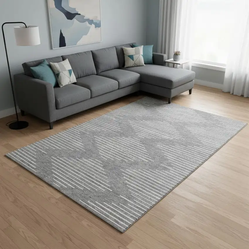 Gray And Ivory Geometric Washable Area Rug With UV Protection Photo 2