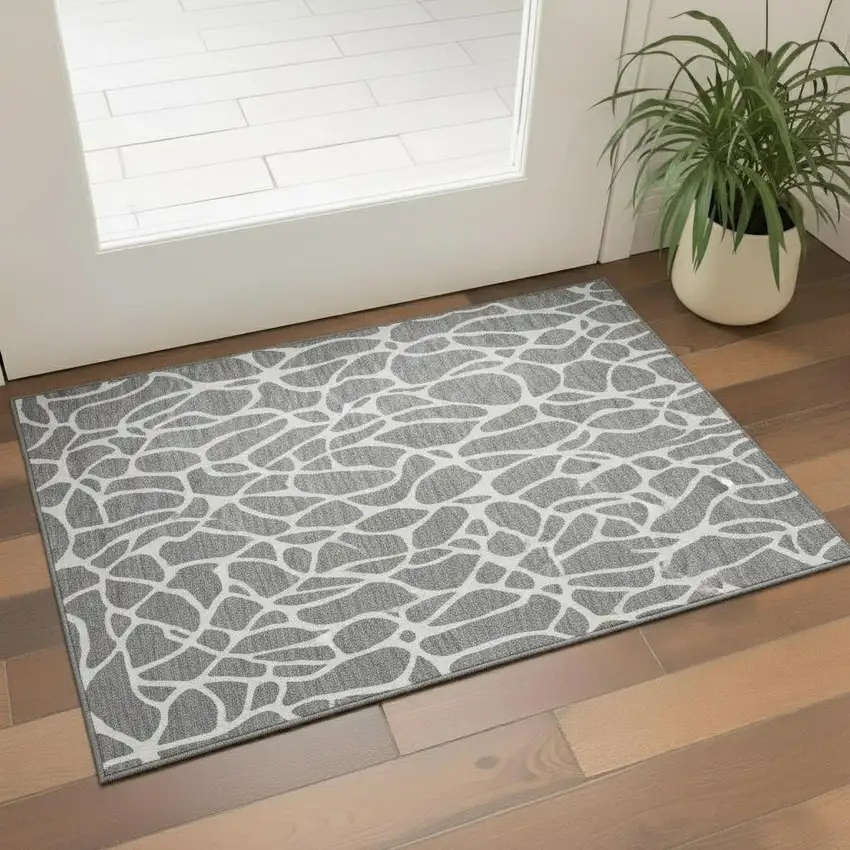 Gray And Ivory Geometric Washable Area Rug With UV Protection Photo 2