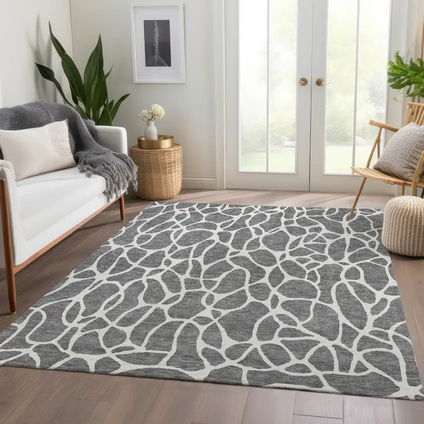 Gray And Ivory Geometric Washable Area Rug With UV Protection Photo 5