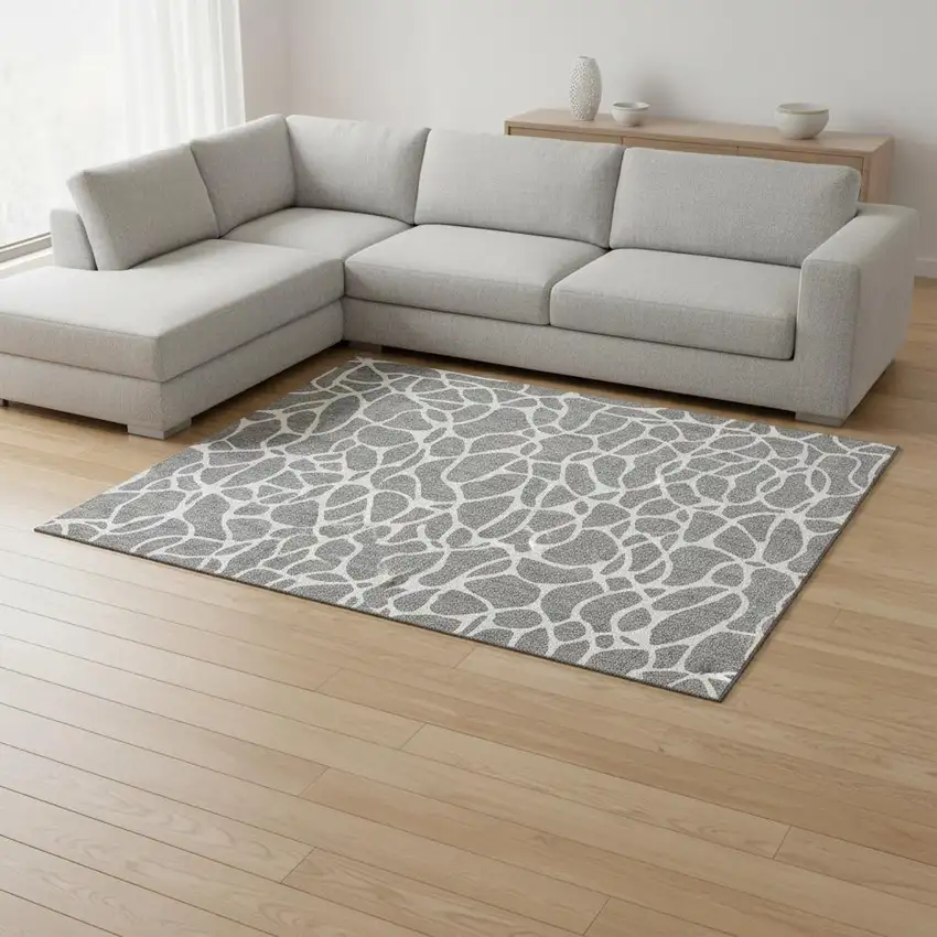 Gray And Ivory Geometric Washable Area Rug With UV Protection Photo 2