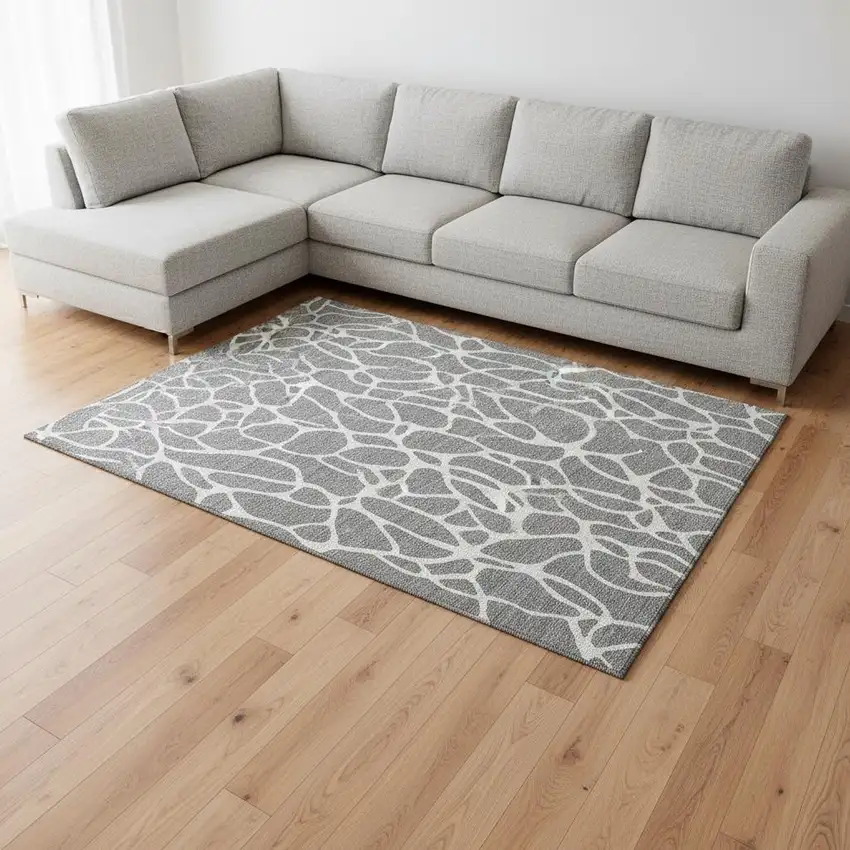 Gray And Ivory Geometric Washable Area Rug With UV Protection Photo 2
