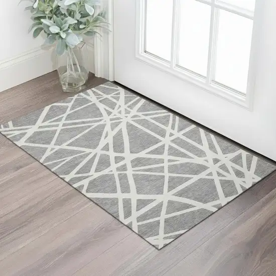 Gray And Ivory Geometric Washable Area Rug With UV Protection Photo 2