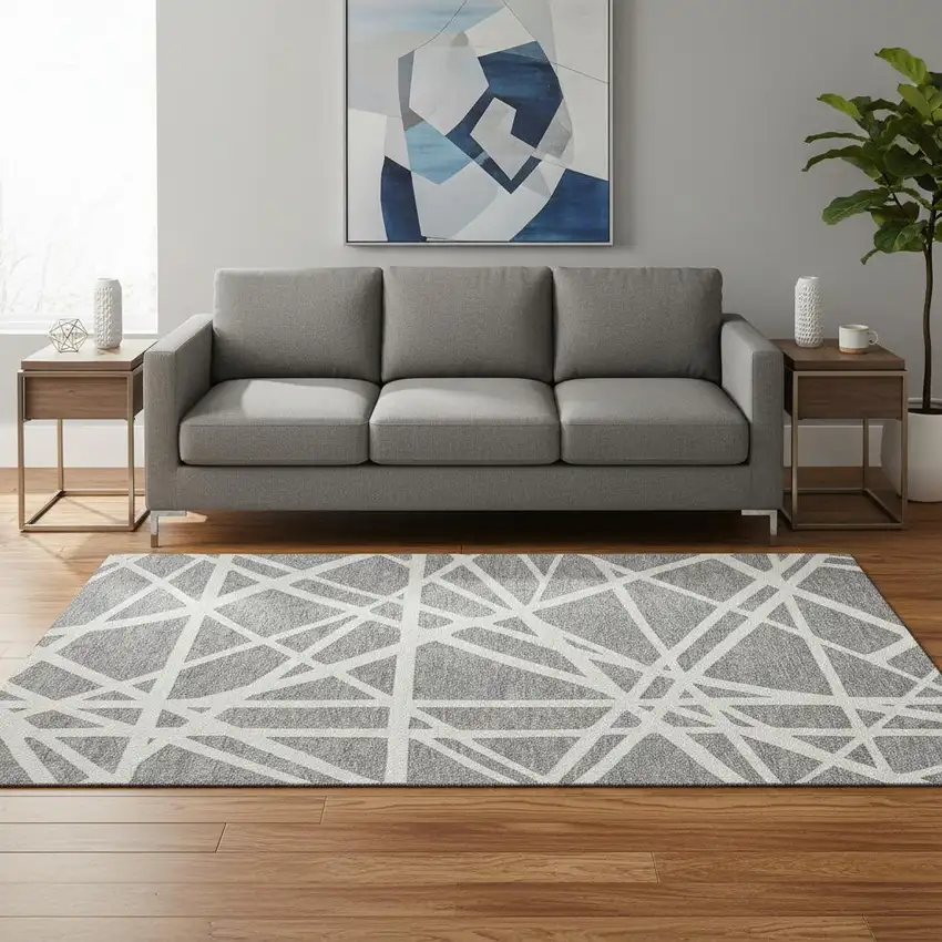 Gray And Ivory Geometric Washable Area Rug With UV Protection Photo 2