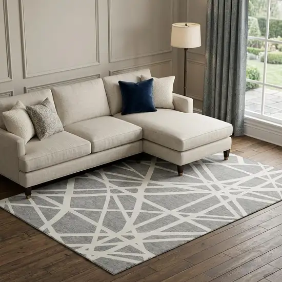 Gray And Ivory Geometric Washable Area Rug With UV Protection Photo 1