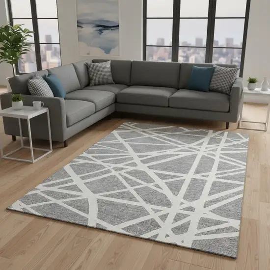 Gray And Ivory Geometric Washable Area Rug With UV Protection Photo 2
